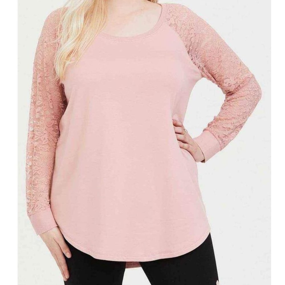 Plus Size 2X women's Torrid top pink tunic sweatshirt with lace